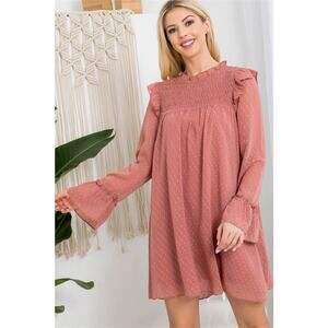 Mauve Ruffle Neck Ruched Bell Sleeve Dress L